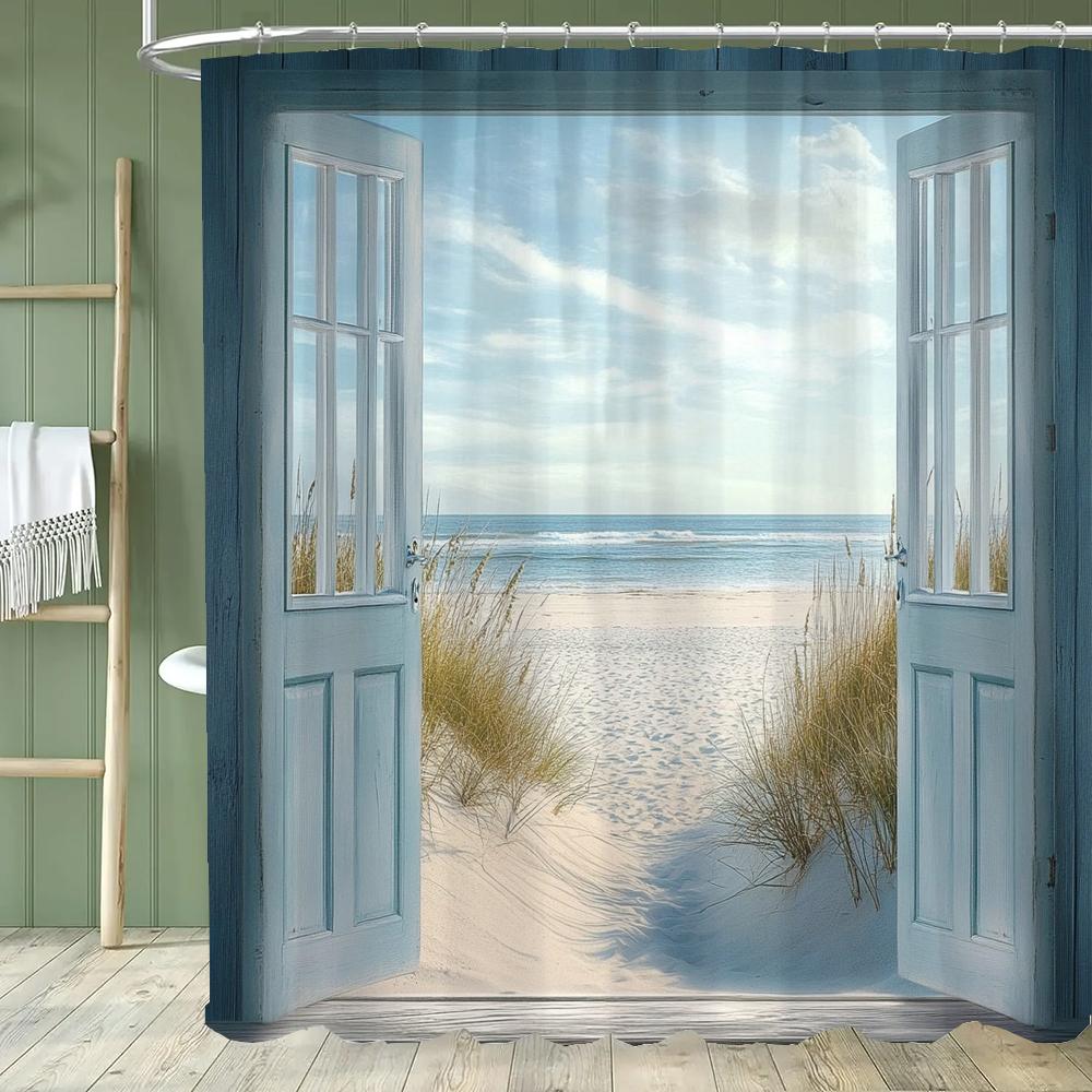 Seaside Beach Scenery Outside The Window Shower Curtain, Bathroom Decorative Curtain With Hooks,Home Decoration Curtain
