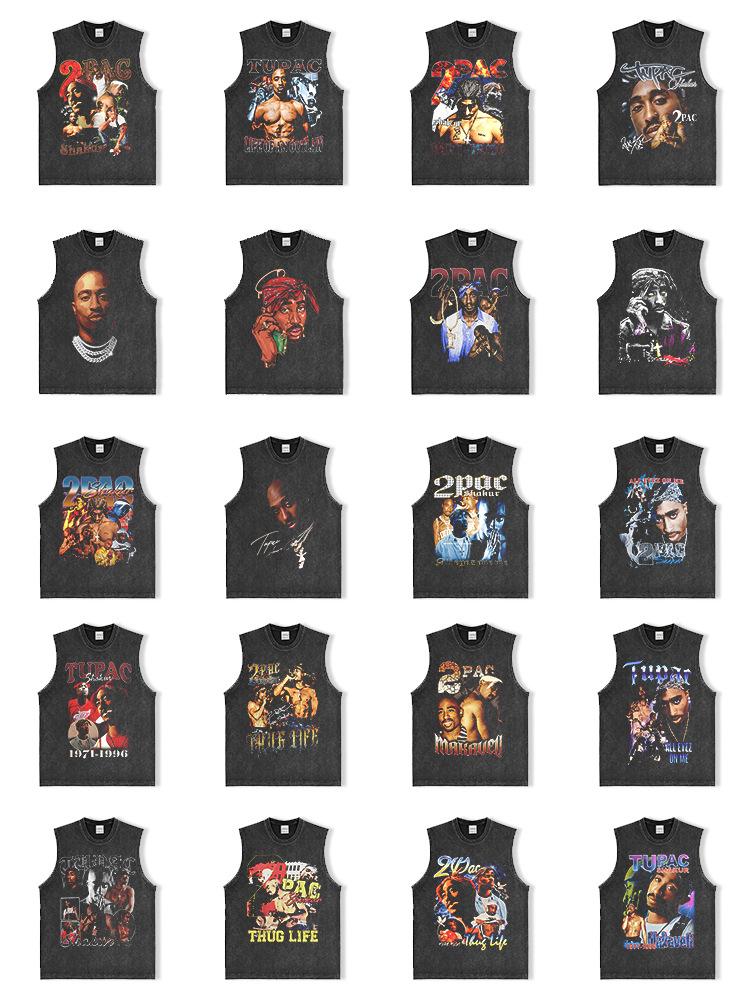 Canotta Senza Maniche Tupac Grafica Retro High Street Cotone Pesante
