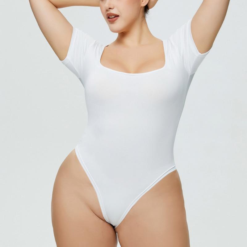 Women's Fashion Square Collar Bodysuit Solid Color Sexy Slim Plus Size Short-sleeved T-shirt Jumpsuit for Women