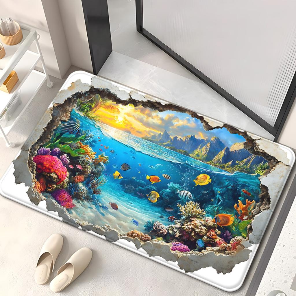3D Ocean View Doormat Realistic Underwater Coral and Fish Print with Broken Wall Effect Non Slip Floor Mat for Fun Home Decor