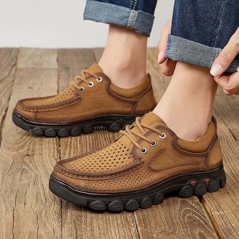 Breathable men's trendy shoes live broadcast first layer cowhide hollowed out comfortable leather shoes dad shoes popular casual soft-soled men's sho