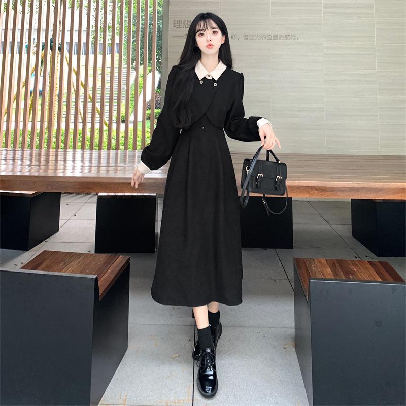 Romantic Niche Dress Large Size Fat Mm Retro Color Matching Polo Collar Fake Two-piece Dress Autumn and Winter Hepburn Style