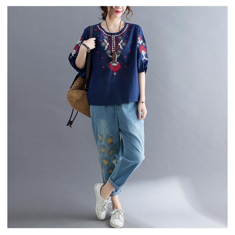 Letnia Nowość Styl Retro Literacki Luźna i Wszechstronna Etniczny Styl Bawełniana i Lniana Haftowana Koszula dla Kobiet