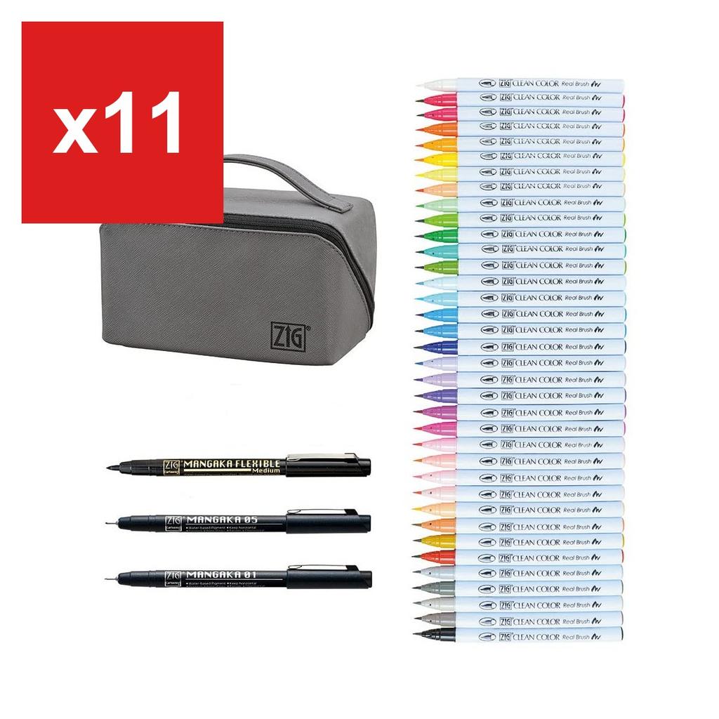 Kuretake Brush Pen 'Clean Color Real Brush + Mangaka' Set with Pouch, Large, RBCN160/39V