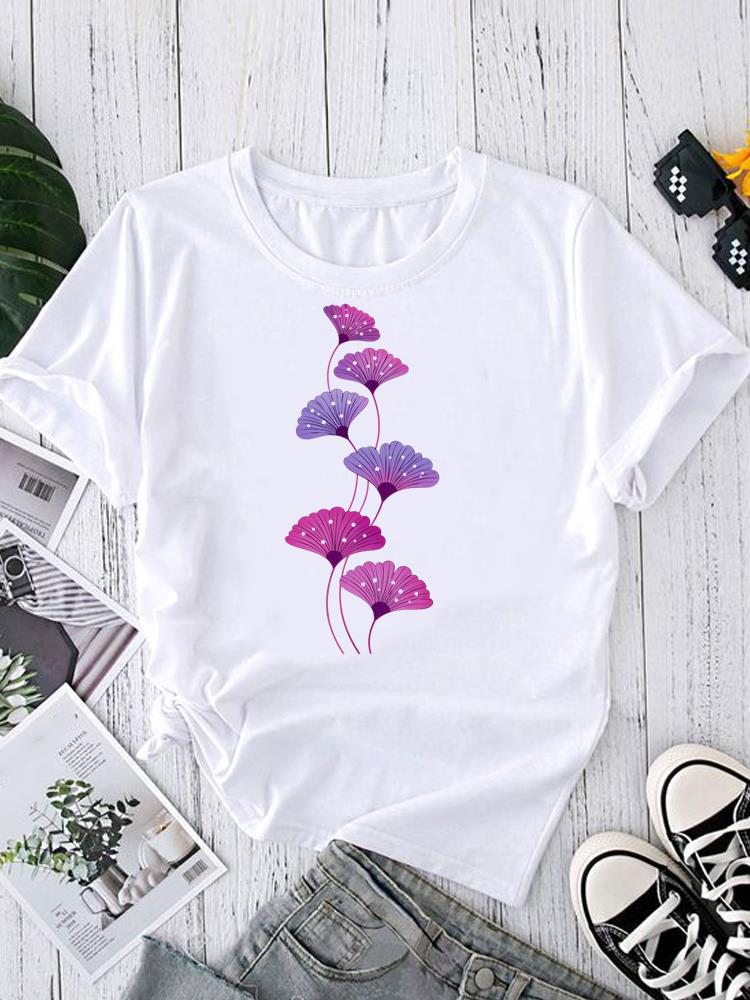 (Asian Size) Print O-neck style flower Fashion Female Casual Women's Top T Clothing Graphic Tee Short Sleeve T-shirts