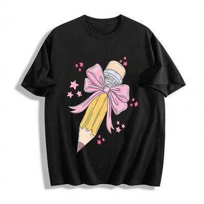 Cute Bowknot Pencil Print Casual Top For Girls Pure Cotton T-shirt