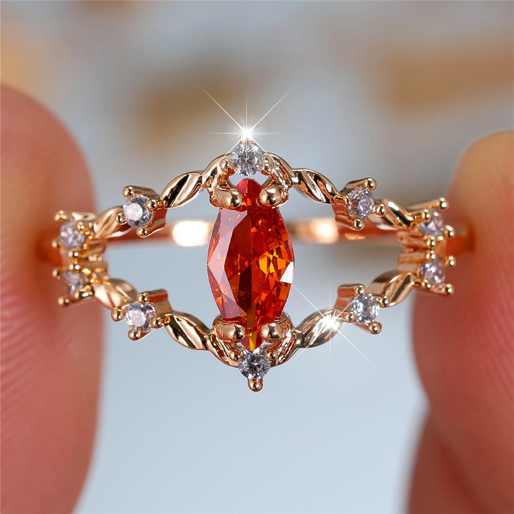 Luxury Female White Red Zircon Stone Finger Engagement Ring Vintage Gold Color Wedding Band Bridal  For Women