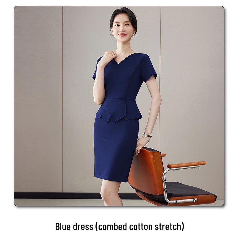 2026 Elegant V-Neck Short Sleeve Dress: Summer Slimming Waist-Cinched Professional Skirt XXL