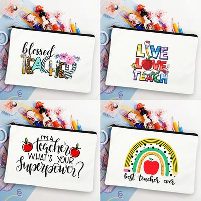 Blessed Teacher Life – Schminktäschchen mit Leopardenmuster, für Schüler, weißes Federmäppchen, Einkaufstasche für Lehrer, Aufbewahrungstasche, bestes Geschenk zum Lehrertag