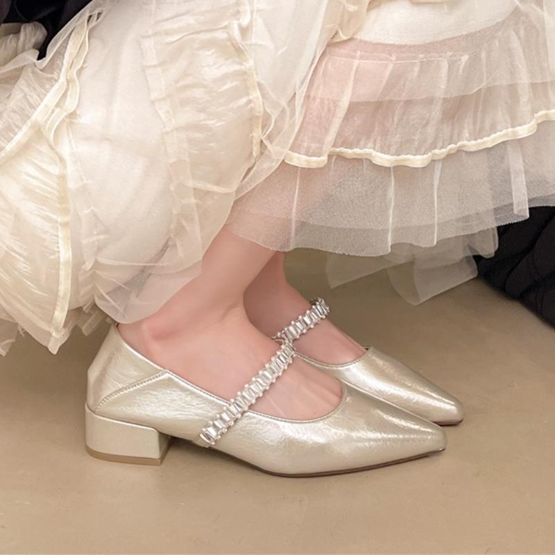 Fashion 2025 New Water Diamond High Heels Mary Jane Women's Single Shoes with Thin Heels and Pointed Shallow Mouth Women's Wedding Shoes