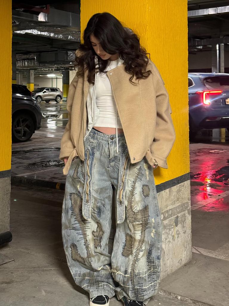 Jeans Unisex de Pierna Ancha Desgastados Bordados - Largo Hasta el Suelo Estilo Moderno