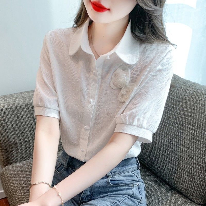 Summer New Style Jacquard Embroidery Casual Fashion Versatile Women s Short Sleeve Shirt S белый