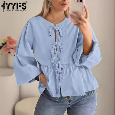 Women's Fashion Casual Spring Fall Solid Color Print Long Sleeve O Neck Blouses & Shirts