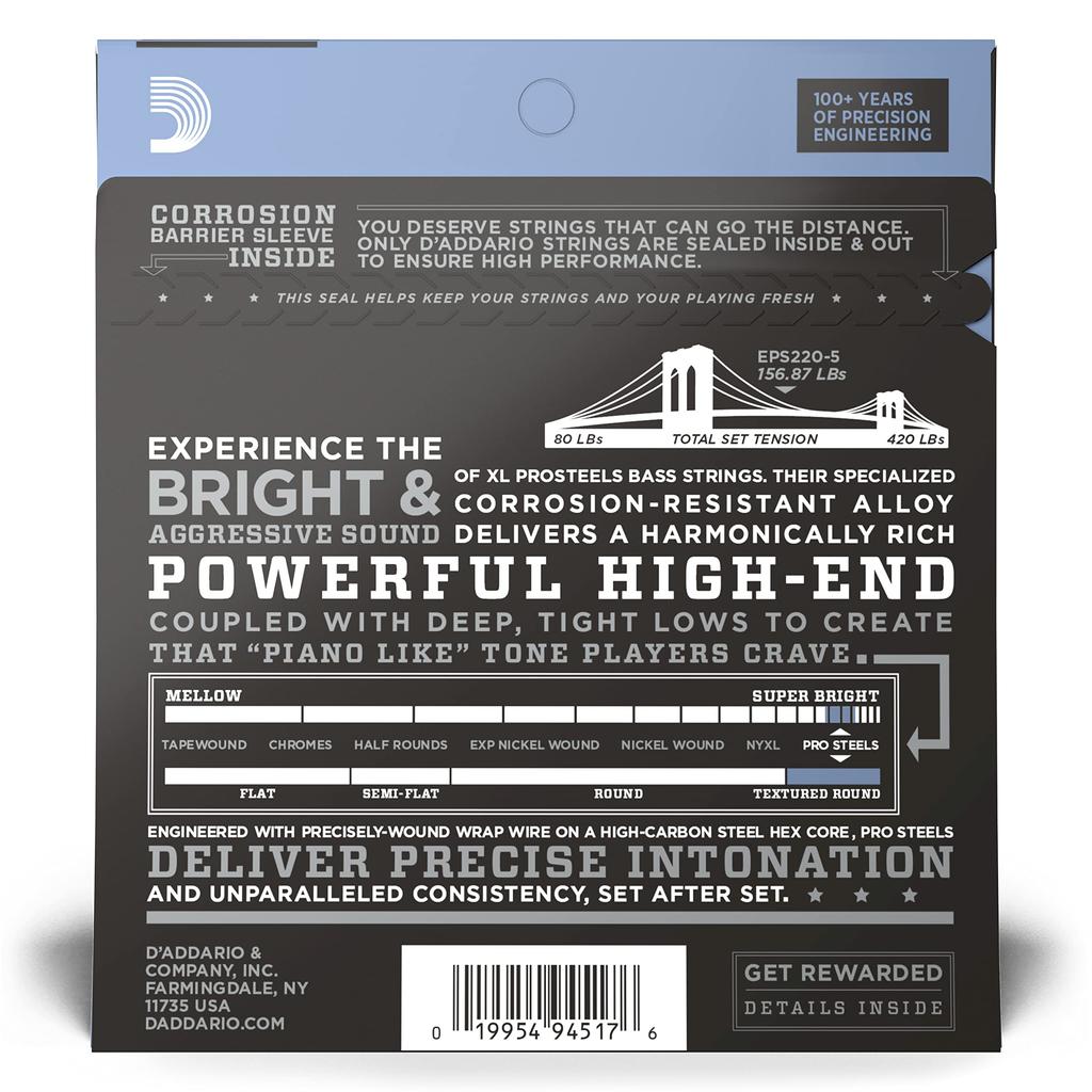 ProSteel Long Scale bass D'Addario 5-string strings, .040-.125 EPS220-5