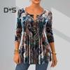 Women Fall Spring Top Vintage Print Round Neck Long Sleeve Button Mid Length A Line Soft Pullover Lady Daily Blouse T Shirt