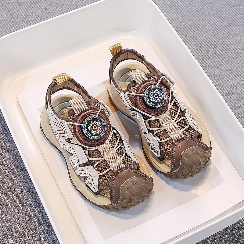 

Boys Girls Running Shoes Mesh Breathable Kids Sneaker Non-slip Rotating Button 2025 Summer New Children Sports Sandals Soft Sole 26 хаки