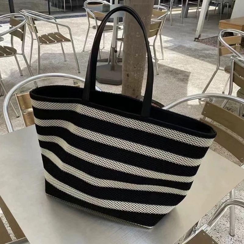 

Black and White Stripes Woven Lazy Style Lightweight Tote Bag 9093# striped bag (small bag with inner container)