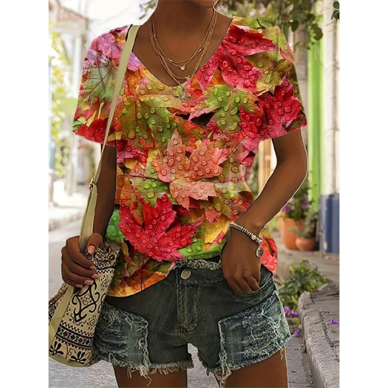 Womens V-Neck Short Sleeve T-Shirt With 3D Printed Striped Loose Fit Casual Chic Top 2025
