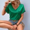 Women's Sading V-Neck Pocket Roll-up Short Sleeve Loose Top
