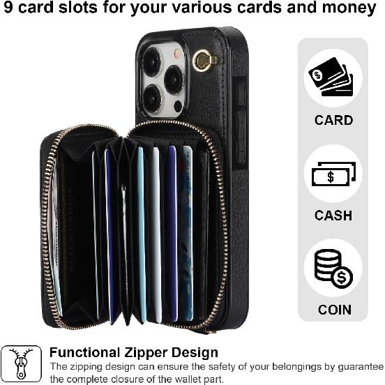 Bocasal Crossbody Wallet Case for iPhone 15 Pro, RFID Blocking Leather Purse Case with Card Holder, Protective Handbag Flip Cover with Zipper Wrist