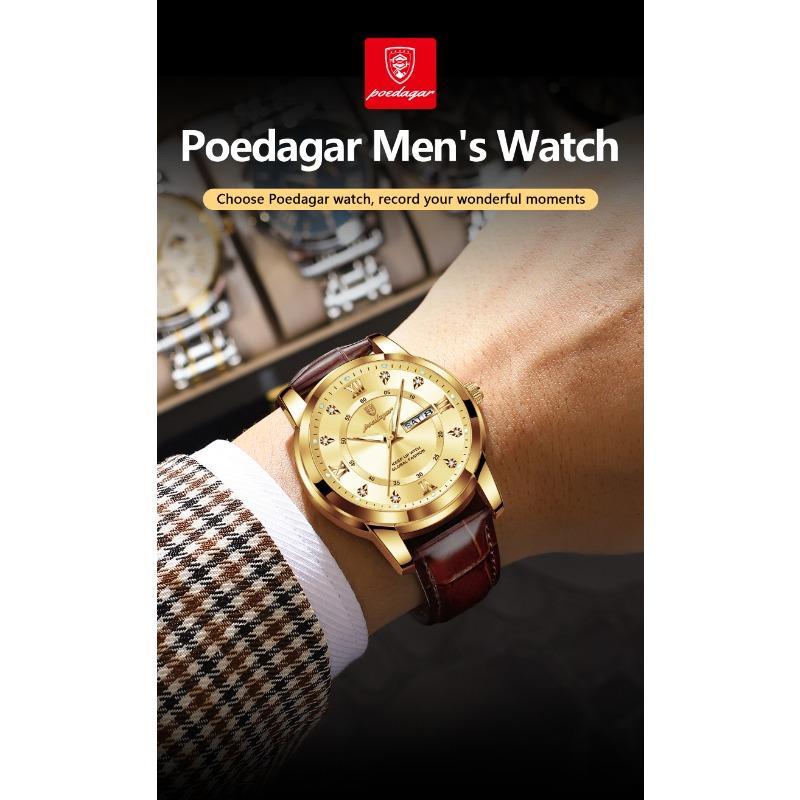 POEDAGAR Luxury Business Male Clock Date Week Waterproof Luminous Gold Wristwatch Casual Fashion Quartz Watches Reloj