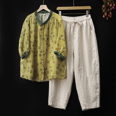 Dámský letní dvoudílný oblek z bavlny a lnu - Tištěný retro top s krátkým rukávem + kalhoty