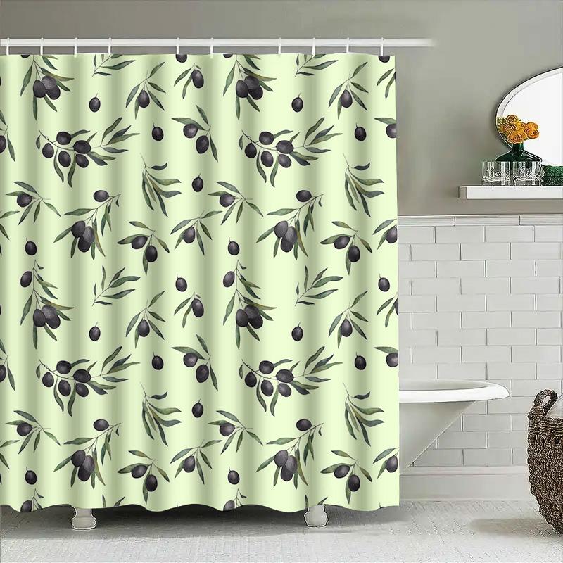 Vintage Bath Shower Curtain With Olive Branches Pattern Home Decor Item For Kitchen Or Bathroom Green Black Colors