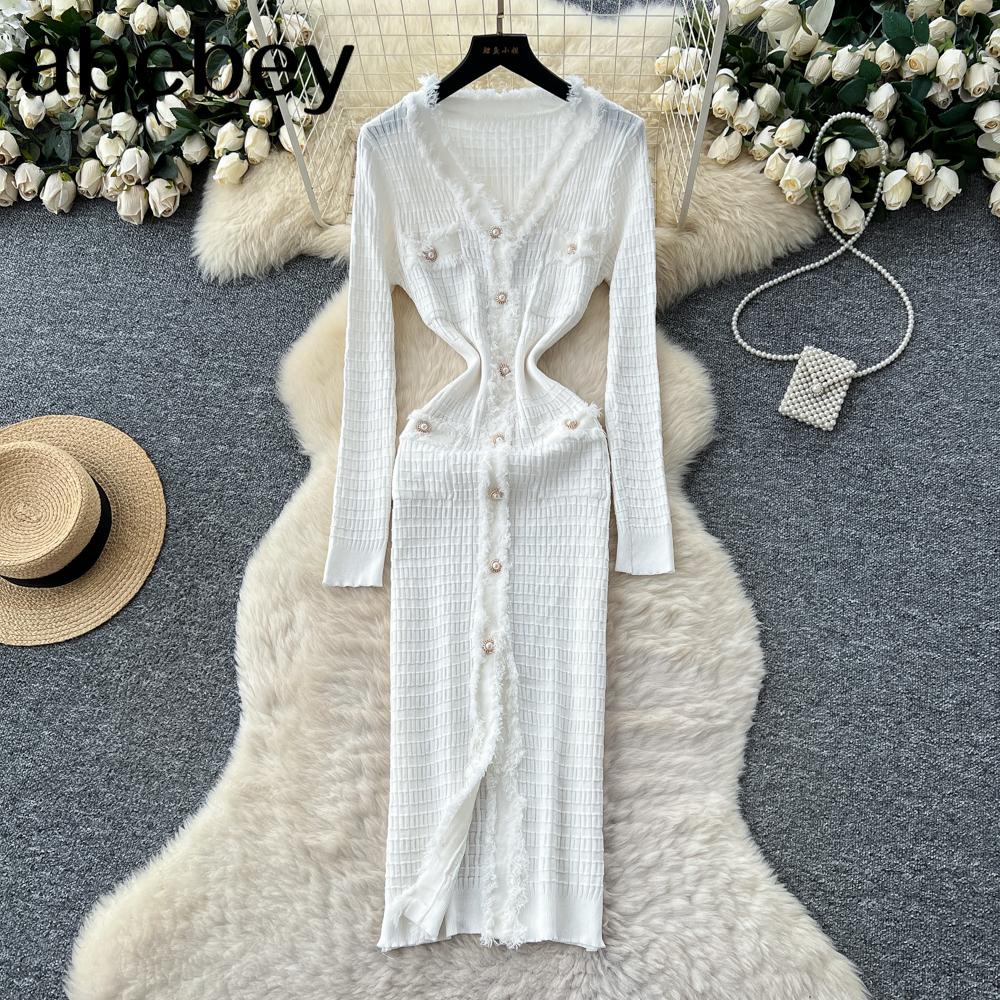 Neue Damenkleider Herbst Winter Vintage Patchwork Strick-Midikleid Elegant V-Ausschnitt Damen Rüschenhemd Pulloverkleid