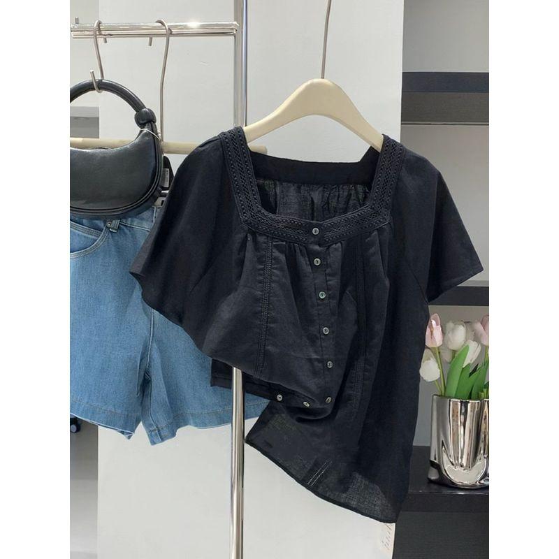 

Крутой X Товары Взрыв! Доступная Роскошь Мода Рубашка с Квадратным Вырезом и Коротким Рукавом Женская 2024 Лето Новое Поступление Западный Шик Топы Black L