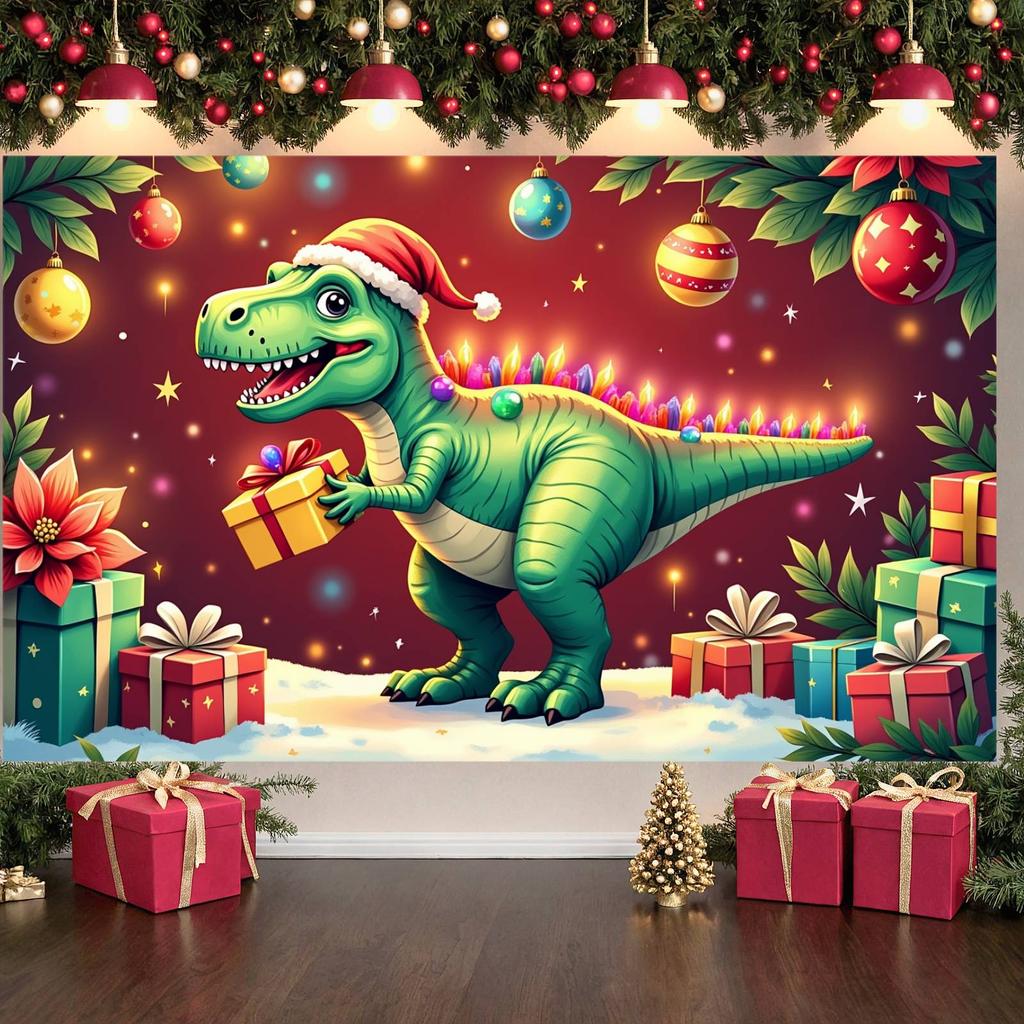 Festive Dino Display Holiday Decor Xmas Gift Backdrop Winter Dino Background Green Dinosaur Gifted Dino Display For Photo Shoot