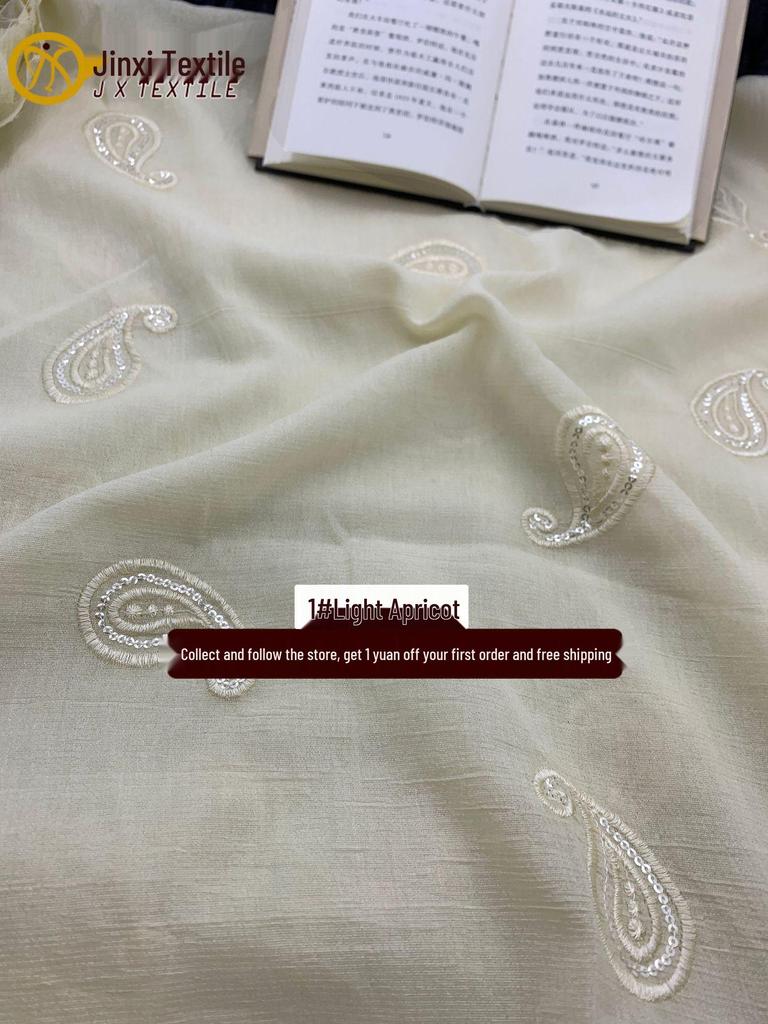 3D Cashew Flower Sequin Tencel Embroidered Fabric for Spring/Summer Dresses and Children's Hanfu.