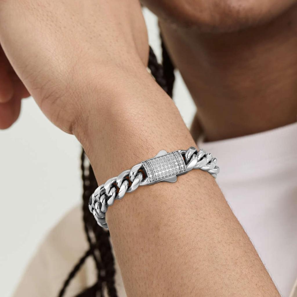 Kihei Bracelet Bracelet 12mm Stainless Steel Miami Cuban Chain 18K Gold Plated Kihei Bangles Zirconia Metal Hypoallergenic Rapper Dancer B Series Hip