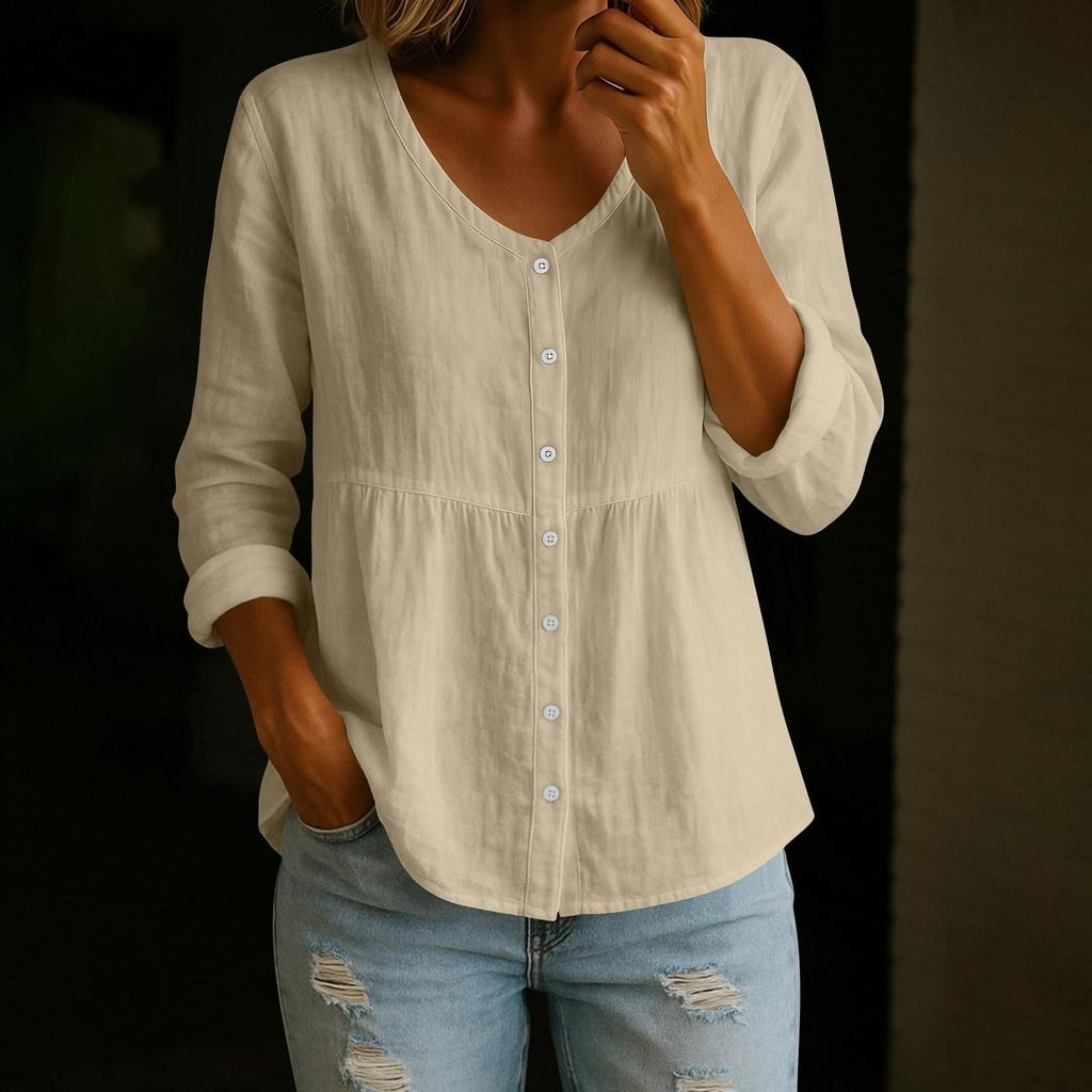 Modisches Damen V-Ausschnitt Leinen Langarmshirt Locker Lässig Knopfleiste Oberteil Für Frühling Und Pendeln
