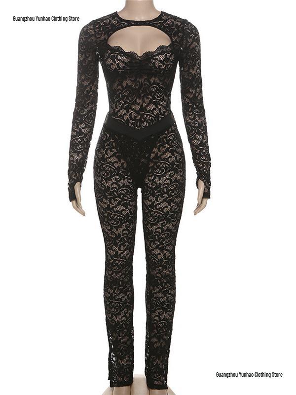 European & American Style 2026 Autumn Street Hot Girl Lace See-through Tight-fitting Pants Set
