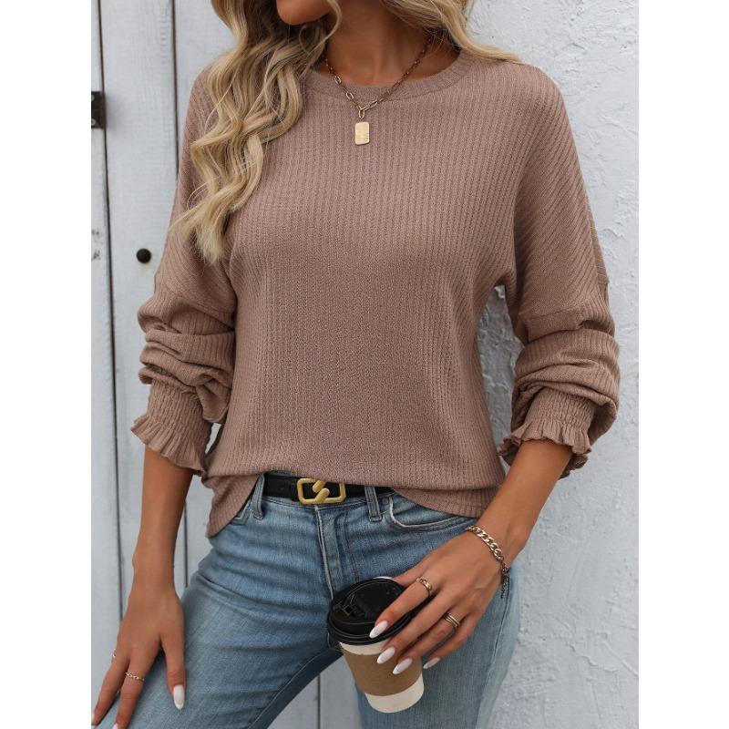 Spring Autumn Round Neck Solid Color Ruffles Tee Women Long Sleeve Loose Casual Pullover Tee Bottomed Top