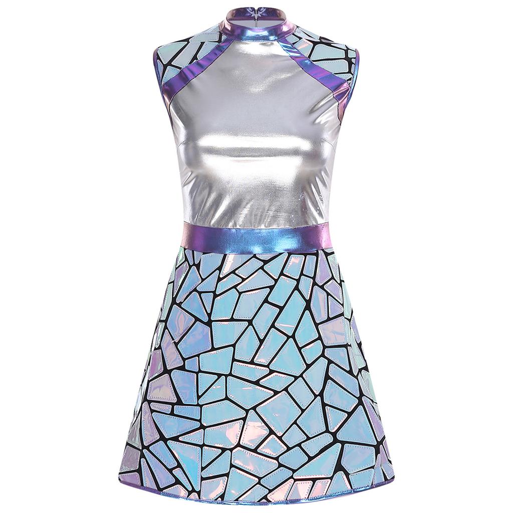 Womens Halloween Alien Astronaut Costume Gradient Sequin Metallic Shiny A-Line Dress