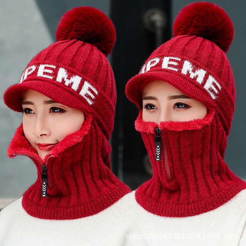 Hat Women's Autumn and Winter Knitted Windproof Ear Protection Wool Hat Student Warm Plush Thickened Fashion Cycling Pullover Hat