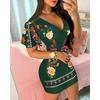 Sexy, tiefem V-Ausschnitt, kurzärmliges, schmales Print-Kurzkleid für Damen
