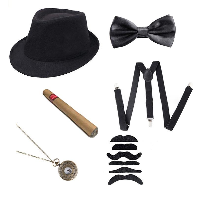1Set 1920's Cosplay Costume Hat Pocket Watch Neck Tie Moustache Bowtie Gatsby Masquerade Accessories