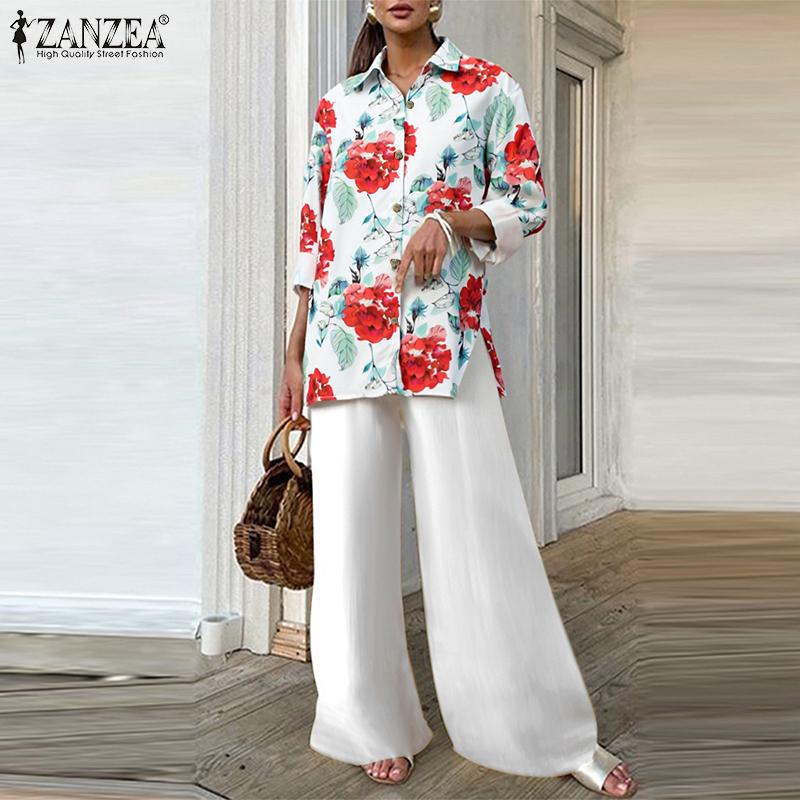 ZANZEA Women Long Sleeve Print Blouse and Pants Casual Two Piece Suit Sets