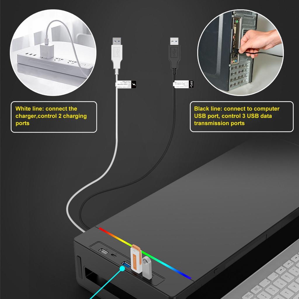 ABS RGB Monitör Standı Yükseltici Masa Desteği 3 USB3.0 Klavye Fare Saklama Rafı Ekran Rafı Şarj Kablolu Çekmeceli Telefon Tutuculu Siyah