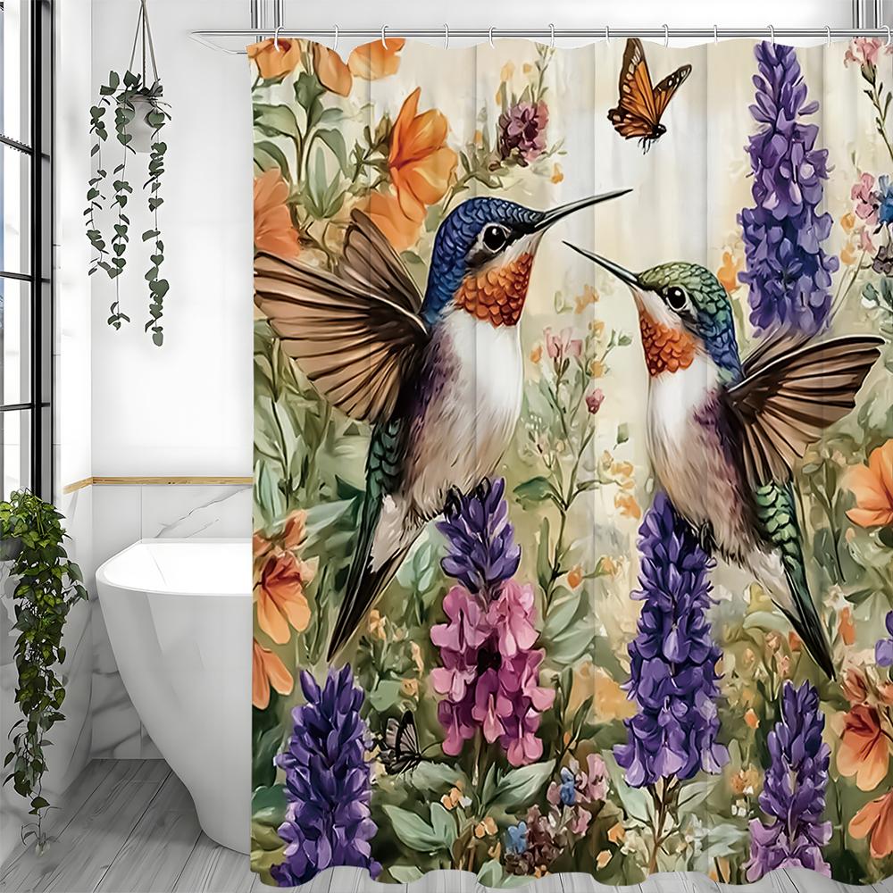 Kolibri Blumen Schmetterling Duschvorhang, Dekorativer Duschvorhang für Badezimmer, Wasserdichter Duschvorhang mit Haken