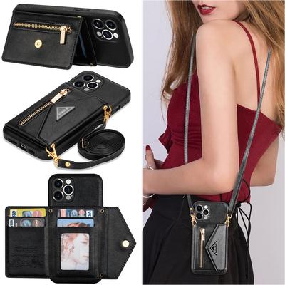 Zipper Wallet for IPhone 16 15 Plus 14 13 12 Mini 11 X XR XS Pro Max Case with Card Holder Lanyard Strap Crossbody Leather Cover