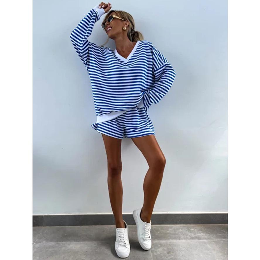 VEZFAA Women's Fashion Casual Spring Fall Stripe Print Long Sleeve V-Neck Trousers Pants Suits