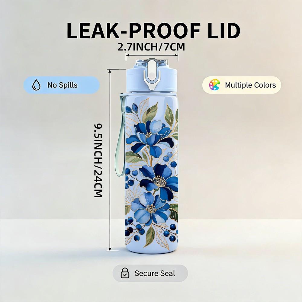 1PC Blue Floral Watercolor Vintage Pattern 750ml Color Plastic Sports Water Bottle Leakproof Flip Straw Lid Suitable for Sports Office Home Use
