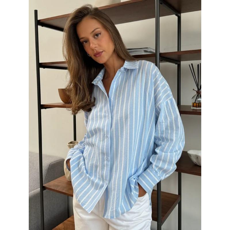 Summer Striped Shirt for Outerwear, Women's Long Sleeved Cardigan