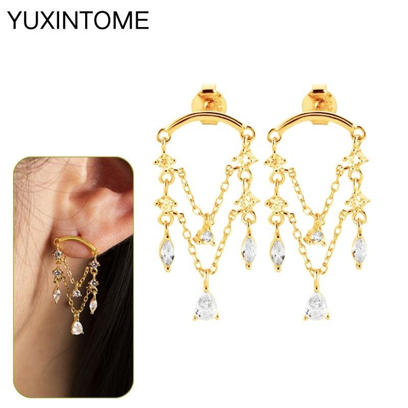 925 Silbernadel Exquisite Weiße Zirkon Steckerohrringe für Damen Geometrische Lange Kette Quaste Ohrringe Luxuriöser Schmuck