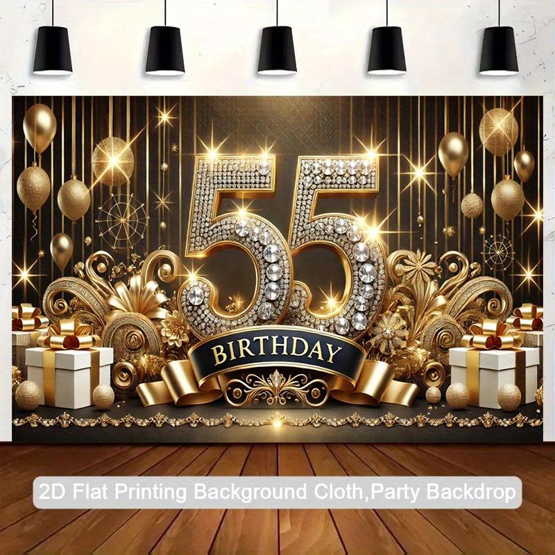 2D flat 1pc elegant 55th birthday background banner - golden glitter shining stars balloons and gift boxes polyester 100x150cm