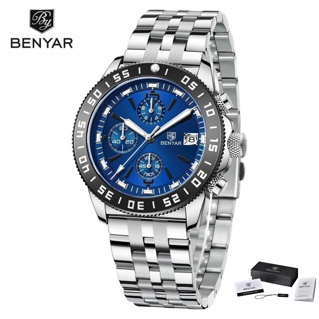 BENYAR BY-5198 Men's Quartz Watch Stainless Steel / Silicone Bracelet Waterproof Men's Sport Chronograph Wristwatch Reloj Hombre