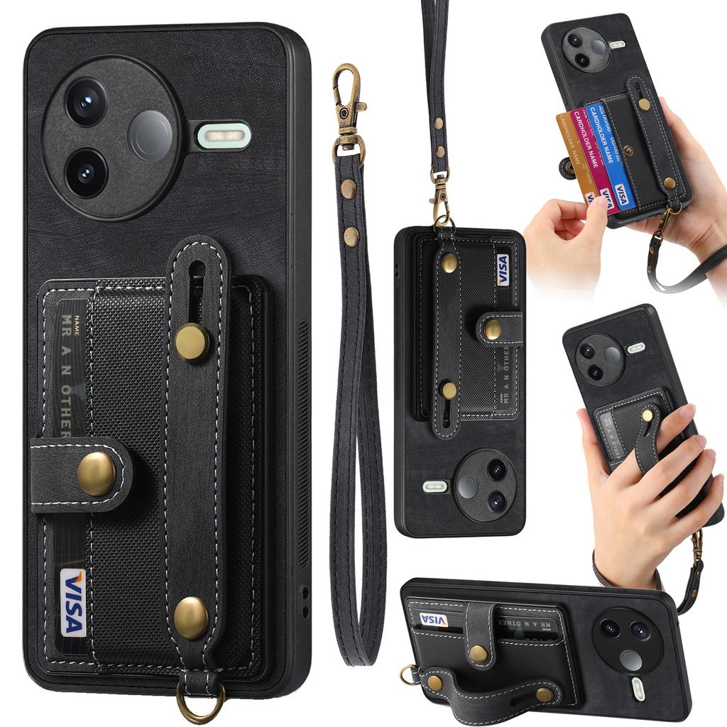 For Xiaomi Poco F7 Pro 5G/Xiaomi Redmi K80 5G Retro PU Leather Back Cover with Card Holder and Wristband Kickstand